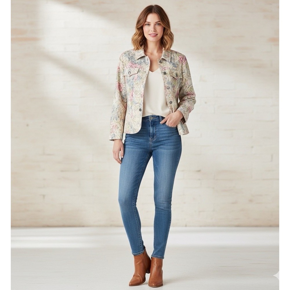 Analogy Womens Y2K Embroidered Floral Pastel Multi Colorful Jacket Petite Large